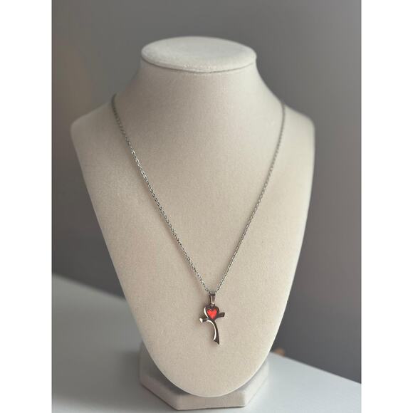 unbrand Jewelry - Cross Necklace Red Heart Pendant Silver Stainless Steel Minimal Jewelry